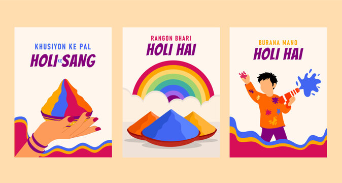 Set of three colorful Happy Holi celebration card, invitation, banner, poster or social media design vector illustration.