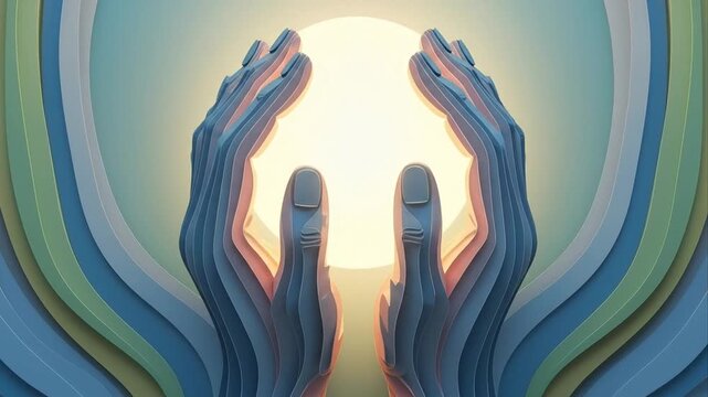 Hands reaching towards bright light abstract artwork concept illustration
