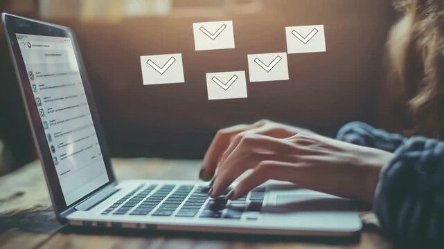 Woman using laptop with checklist floating above screen computer keyboard