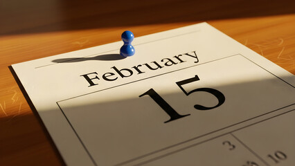 February 15th Date Marked on Calendar Page with Blue Pushpin, Sunlight and Shadows on Wooden Surface - Time Management Concept
