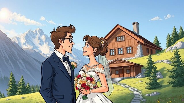Cartoon Hochzeit in den Bergen, Mann und Frau heiraten in den Alpen