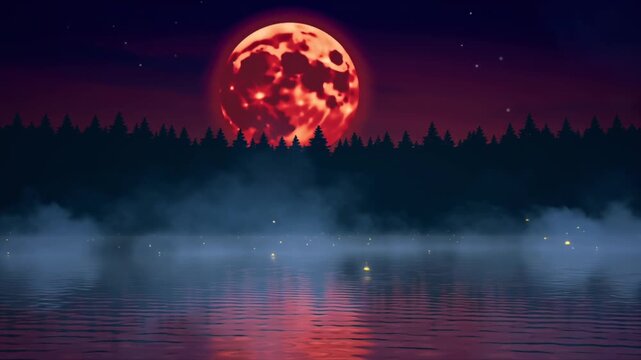 4K cinematic lake landscape night, red moon partially obscured fast-moving clouds, dramatic lightning strikes thick mist hovering water, stormy reflections calm lake surface, jagged forested shoreline