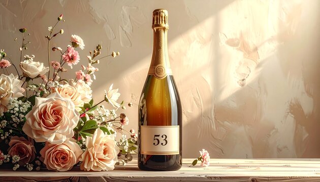 Champagne bottle with number 53 on the label and a bouquet of flowers. Rustic illustration for birthday or anniversary celebration