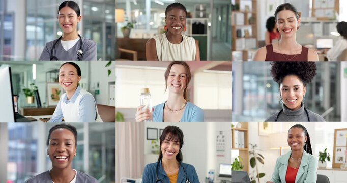 Montage, career and face of women in workplace for consultant, personal trainer and healthcare service. Series, professional and portrait of happy workers for medical job, diversity and business
