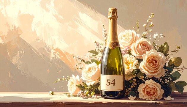 Champagne bottle with number 54 on the label and a bouquet of flowers. Rustic illustration for birthday or anniversary celebration