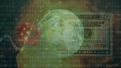 Animation of financial data processing with dice and globe over dollar bill and fire - Powered by Adobe