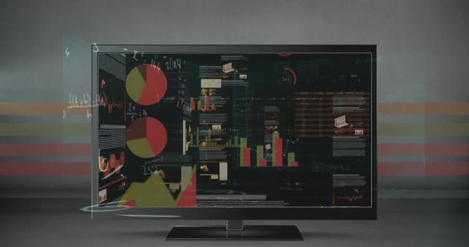 Animation of graphs, data and math formulas over computer screen