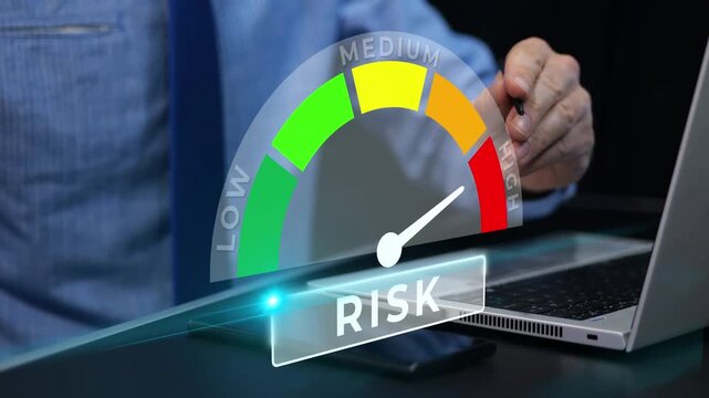 Businessman selecting high risk management level on virtual scale decision strategy concept