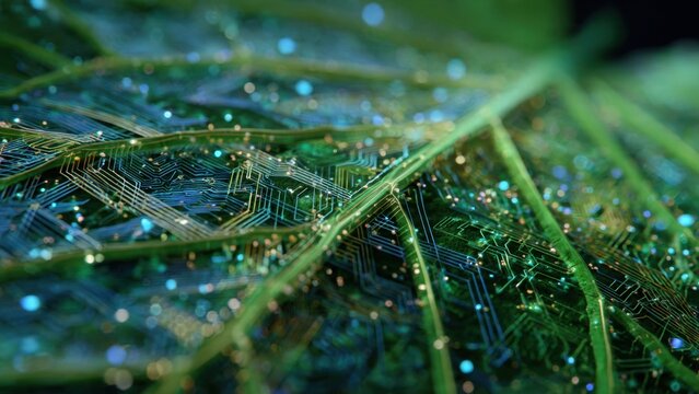 Abstract green leaf with digital circuits