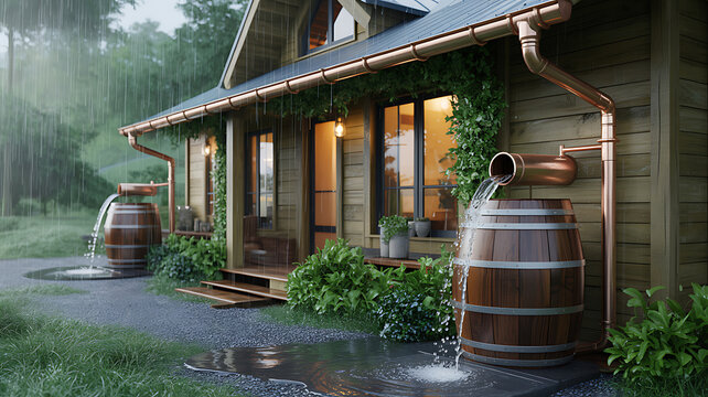 Rain barrels on house porch with copper gutters
