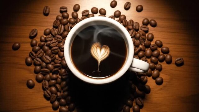 Coffee cup with heart shaped latte art surrounded by coffee beans on a wooden surface