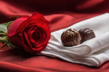 A red rose is placed on a table next to a chocolate truffle