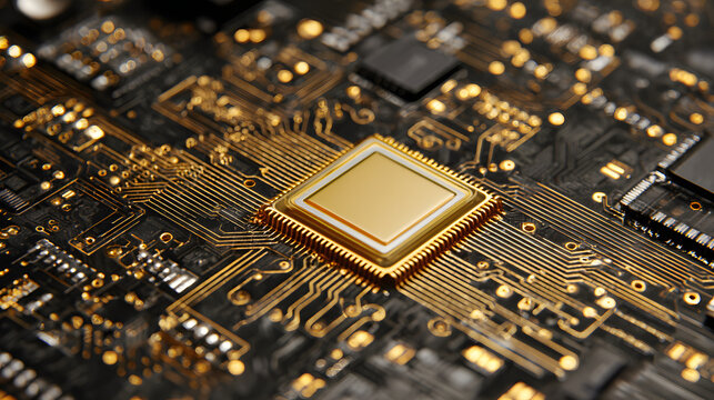 Detailed Close-Up: Golden Circuit Board with Intricate Wiring, a Symphony of Technology and Innovation, Illustrating Modern Computing Power and Connectivity