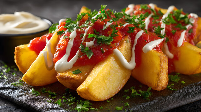 Delicious Patatas Bravas close-up, a traditional Spanish tapas dish of fried potato wedges, served with spicy tomato sauce, creamy aioli, and garnished with fresh parsley for flavor
