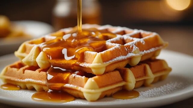 Syrup being poured on stacked golden waffles on a white plate in a kitchen