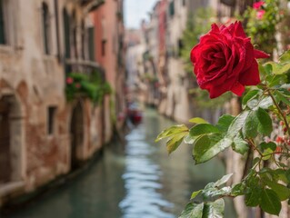 A rose is in a flower bed next to a canal