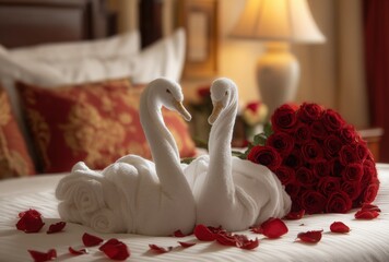 A bed with two swans made out of towels and a bouquet of roses