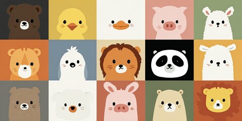 Fototapeta premium A collection of stylized, square animal portraits in vibrant colors, arranged in a grid pattern