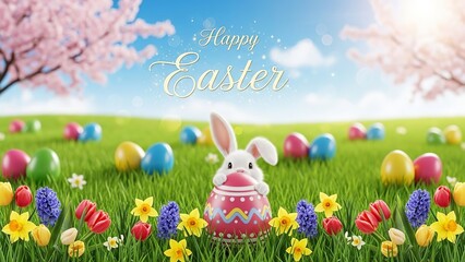 Happy Easter banner over a field with a cute bunny in an egg, colorful flowers, blooming trees, and blue sky