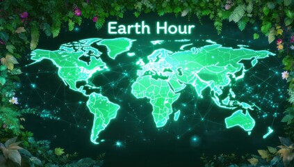 Earth Hour concept with neon map of world.