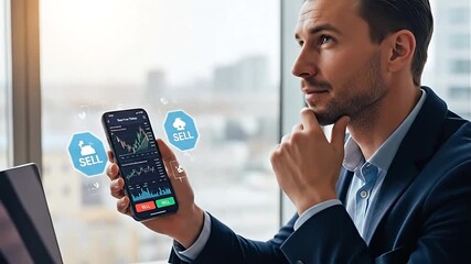 Thoughtful businessman analyzing stock market charts on his smartphone in a modern office with a panoramic city view, making strategic investment decisions for financial growth. - Powered by Adobe
