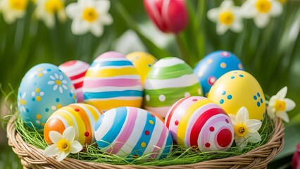 Close up of a woven basket filled with colorful striped and patterned easter eggs nestled in green grass and white flowers