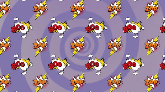 Animation of boom texts, zap texts on clouds, thunder icons, circular pattern on purple background