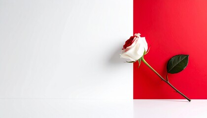 Single white rose with green leaves on red and white split background resting on white surface