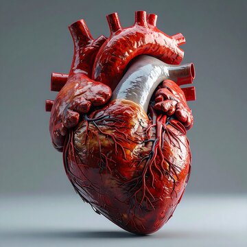 Detailed Human Heart Anatomy Model on Grey Background.