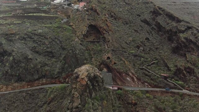 Drone footage showing the pre Hispanic archaeological site of Cenobio de Valeron in Gran Canaria