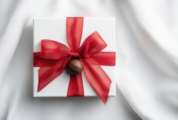 A white box with a red ribbon and a chocolate on top