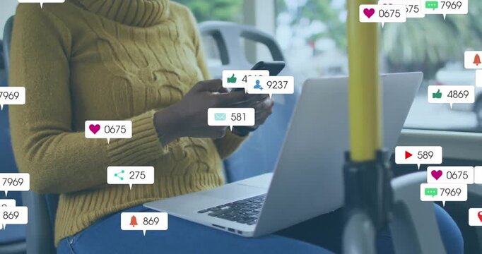 Animation of social media networking icons over african american woman using smartphone in bus