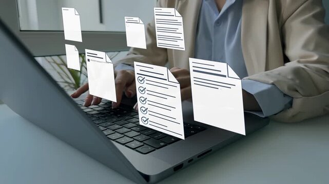 Business person checking digital documents on laptop with checklist icons, approval, verification, workflow control, productivity and online document management.	