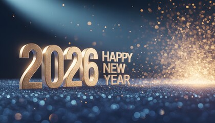 Elegant 2026 Happy New Year Background with 3D Gold Numbers, Cinematic Blue Lighting, Sparkling Glitter Particles, and Festive Glow for Corporate Event Invitations and Digital Marketing Banners
