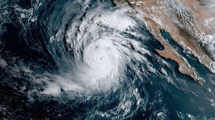 Satellite View of a Large Hurricane Over the Ocean Near Coastal Land Mass Showing Swirling Cloud Formations Against Dark Blue Waters From Space