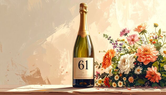Champagne bottle with number 61 on the label and a bouquet of flowers. Rustic illustration for birthday or anniversary celebration