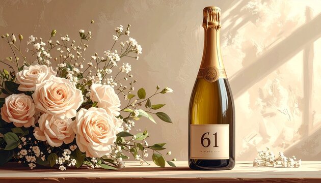 Champagne bottle with number 61 on the label and a bouquet of flowers. Rustic illustration for birthday or anniversary celebration