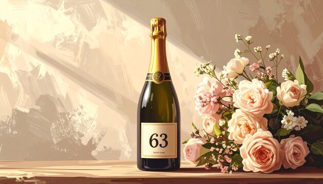 Champagne bottle with number 63 on the label and a bouquet of flowers. Rustic illustration for birthday or anniversary celebration