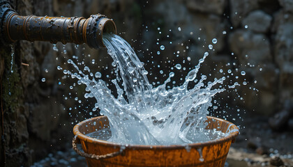 Water splashing into wooden bucket from pipe best for clean water, sustainability, and rural utility themes
