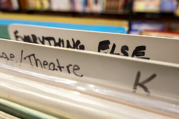 Leonardtown, Maryland, USA Vinyl record LPs for sale in a bin in an old bookstore.