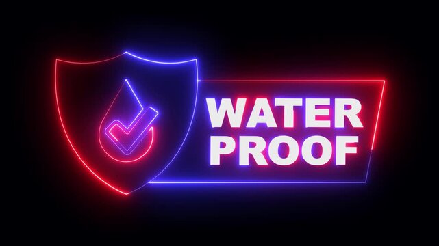 glowing neon Waterproof icon isolated on black background. Waterproof shield icon animation. Water resistant or liquid protection concept. 4k video animation.