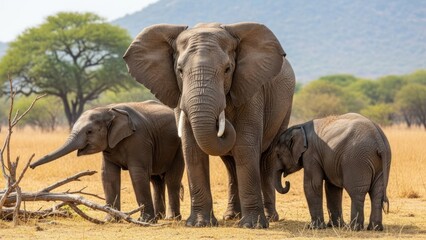 Obraz premium Family of elephants standing together on the savannah