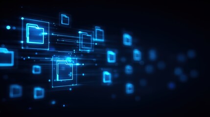 Abstract network grid with files and folders, futuristic software interface, digital document management system, store, search and organize documents, corporate business, paperless office	
