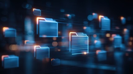 Abstract network grid with files and folders, futuristic software interface, digital document management system, store, search and organize documents, corporate business, paperless office	
