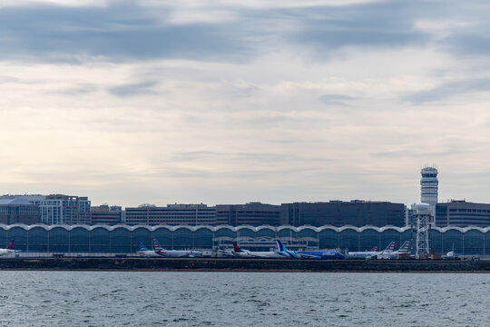 Washington DC USA Planes on the tarmac at the Ronald Reagan National Airport.