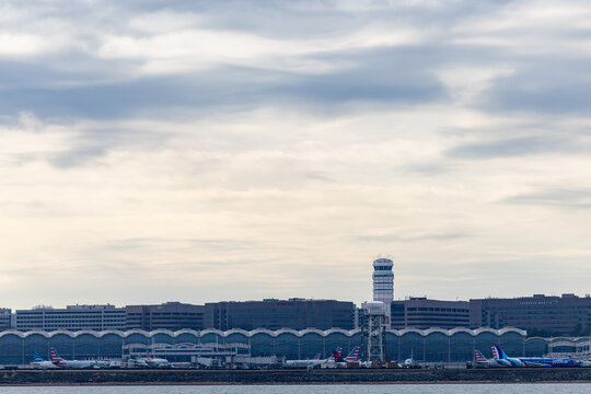Washington DC USA Planes on the tarmac at the Ronald Reagan National Airport.