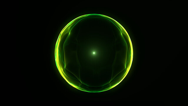 Futuristic green plasma sphere with bright inner core and smooth energy , creating a powerful digital light orb for science, technology and abstract motion visuals.