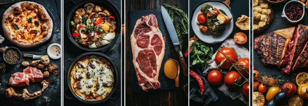 A collage of various food images, including steaks, fish, and pizza with vegetables. The photos feature vibrant colors and textures that showcase the diversity in cooking styles. Each dish