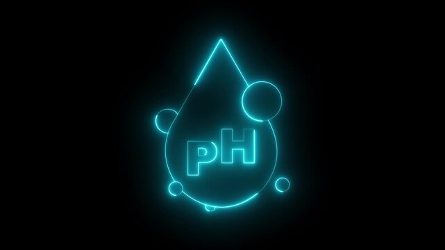 glowing neon PH water drops icon animation on a black background. PH icon with water drops. Neutral Ph Drop. chemistry, laboratory analysis, water quality testing, or healthcare science concept.