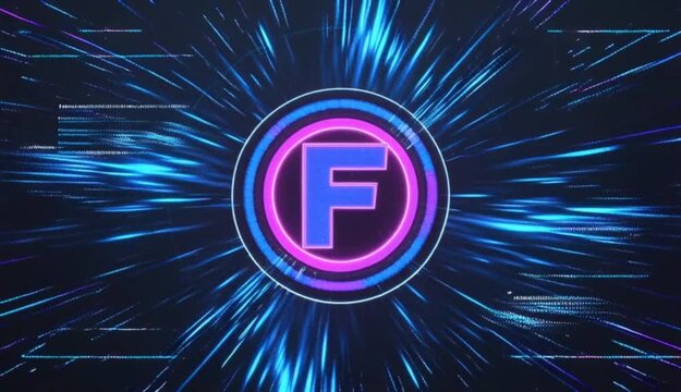 Futuristic digital opening intro, glitch effect featuring logo, neon blue and purple color palette, cyber tech style